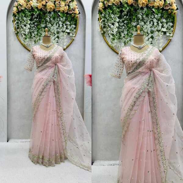 Baby Pink Organza Silk Saree With Embroidery Sequence Work And Blouse For Women, Designer Saree, Party Wear Saree, Saree Blouse