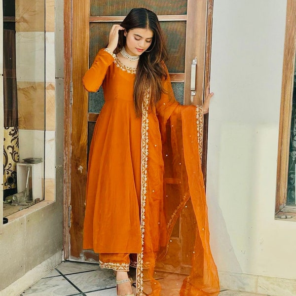 Orange Georgette Anarkali Kurti With Dupatta For Women, Long Flared Dress, Indian Wedding Dress, Bridesmaid Gown Dress, Designer Dress
