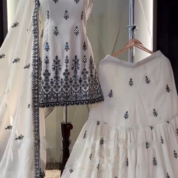 White Georgette Kurta Sharara Salwar With 5mm Sequence Embroidery Work And Dupatta For Women, Pakistani Salwar Kameez, Ready To Wear Dress