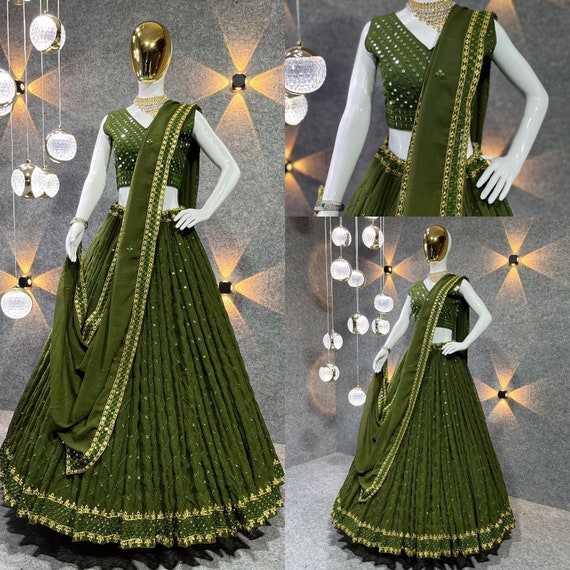 Olive Green Georgette Lehenga Choli and Dupatta Lehenga Choli