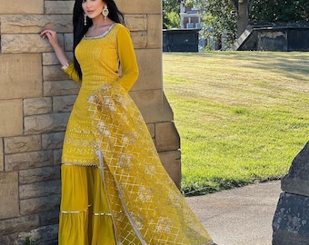 Yellow Georgette Palazzo Suit And Dupatta With Embroidery 5mm Sequence Work And For Women, Party Wear Dress , Wedding Wear Dress , Salwar