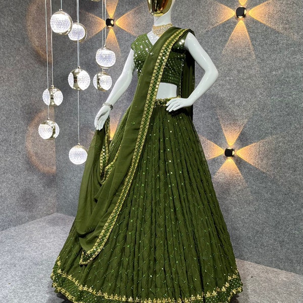 Georgette Lehenga vert olive et Dupatta, Lehenga Choli avec séquence et travail de broderie pour femme, Lehenga Choli pour mariage