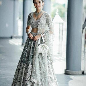 Grey Net Lehenga Choli And Dupatta With Chine Sequence Work And Cut Work Border For Women , Net Lehenga Choli , Grey Lehenga Choli For Women