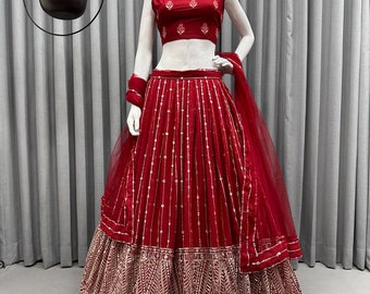 Designer Red Georgette Lehenga Choli With Sequence Work And Net Dupatta For Women, Indian Wedding Lehenga Choli, Lehenga Skirt, Ethnic Wear