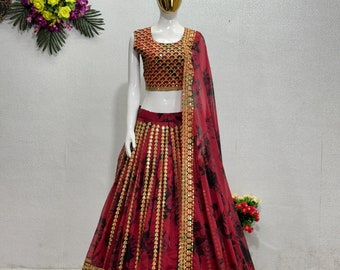 Designer Red Georgette Lehenga Choli With Embroidery Sequence Work And Dupatta For Women, Bridesmaid Lehenga Set, Wedding Guest Outfit