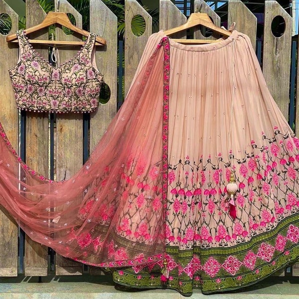 Designer Georgette Lehenga Choli With 5mm Sequence Embroidery Work And Net Dupatta For Women, Indian Wedding Lehenga, Peach Lehenga Choli