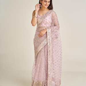 Wedding Wear Pink Net Saree With Embroidery Sequence Work For Women, Party Wear Saree, Designer Saree