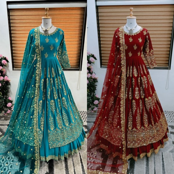 Party Wear Georgette Top Lehenga With 5mm Sequence Embroidery Work And Net Dupatta For Women, Pakistani Wedding Outfits , Long Top Choli