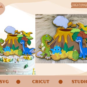 恐竜ケーキトッパー | クリカットまたはシルエット用の 3D ケーキトッパー (デジタル SVG ファイル)