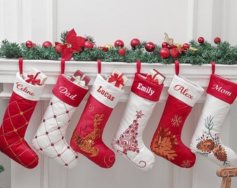 Bas de Noël personnalisés-Ornements de vacances à paillettes en velours pour les décorations pour la maison Bas de famille blanc rouge avec bas de nom personnalisé