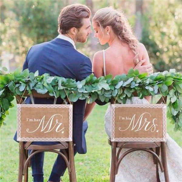 Hessian Mr& Mrs Wedding Chair Signs-Bride and Groom Chair Decor-Wedding Venue Decorations-Wedding Decorations, Rustic Top Table Decor, Signs