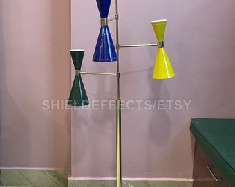 1950's Brass Vintage Diabolo Tripod Floor Lamp Brass Nautical Spotlight Studio Sputnik Floor Lamp Multi Colored With Marble base