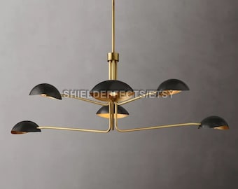 1950's Mid Century Antique Brass Black Orb Sputnik Italian Ceiling Handmade Vintage Chandelier 2 Tier Curved Arms Starburst Light Fixture 6