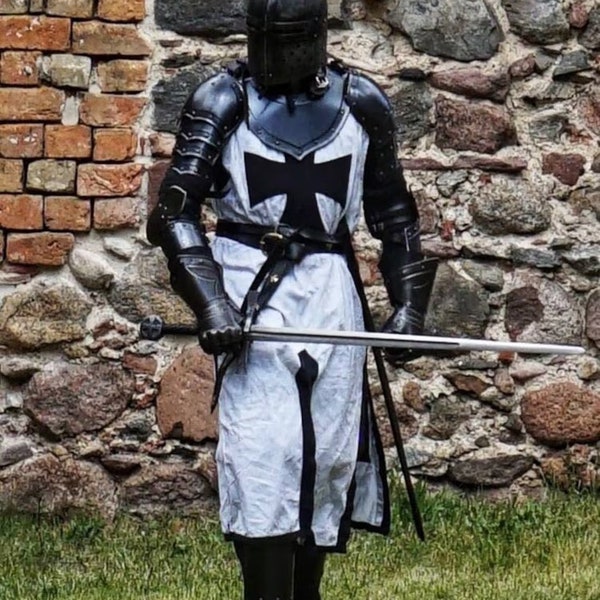 Ensemble complet médiéval de chevalier templier noir, armure de cotte de mailles, costume d'Halloween, botte d'armure, cape de templier, déguisement d'épée de templier