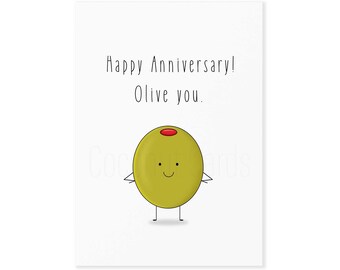 Olive You Card - Anniversary Card - Funny Anniversary Card - Happy Anniversary Card - For Him - For Her -Punny Food Card - Coconut Cards