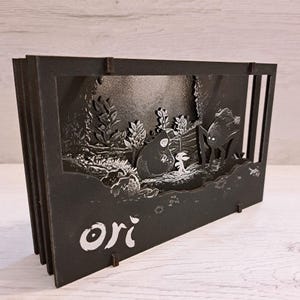 Può includere: Una scatola di legno nera con una scena 3D di personaggi del videogioco Ori and the Will of the Wisps. La scena è ambientata in una foresta con alberi e piante. I personaggi sono una piccola creatura bianca con grandi orecchie e una creatura nera più grande con una lunga coda. La scatola ha uno sfondo nero e la parola "ori" è scritta in bianco in basso.