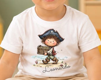 Maglietta Personalizzata con Nome, Illustrazione Acquerello Pirata con tesoro, Regalo di Compleanno, Estiva, Abbigliamento Bambini Vintage
