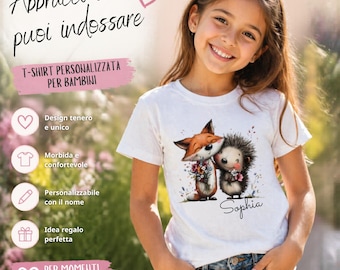 Camiseta infantil personalizada con nombre - Zorro y erizo, amigos del bosque - Regalo de cumpleaños - Algodón suave - Ilustración en acuarela