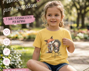 Camiseta infantil personalizada con nombre - Zorro y erizo, amigos del bosque - Regalo de cumpleaños - Algodón suave - Ilustración en acuarela