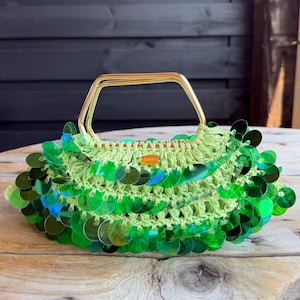 Handmade Green Sequin Bag, Crochet Evening Bag with Gold Handles, Unique Party Purse, Statement Bag, Ready to Ship