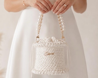 Mini borsa da sposa all'uncinetto con manico in perle | Borsetta da sposa avorio fatta a mano | Piccola borsetta da sposa | Pronta per la spedizione