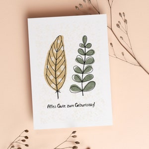 Geburtstagskarte - Glückwunschkarte mit Schriftzug "Alles Gute zum Geburtstag" - Postkarte im Bohostil - Feder - Pflanze - Naturillustration
