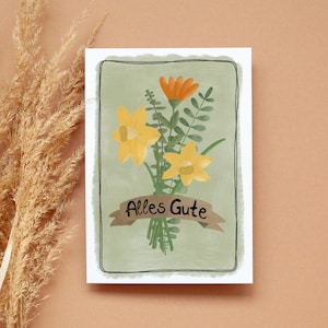 Geburtstagskarte - Glückwunschkarte - Postkarte mit Schriftzug "Alles Gute" - Blumenstrauß mit Narzissen - Grußkarte Illustration - Frühling