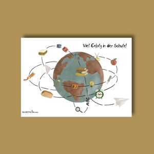 Wandbild Poster zum Schulbeginn - Schulkind - Viel Erfolg in der Schule! - Zur Einschulung - Illustration Welt mit Flieger - Bücher - Wecker