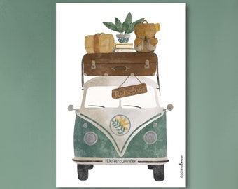 Campervan Poster A4 or A3 | VW Bus | World Trip | Gift for Travelers | Watercolor Illustration | Wall Art for Globetrotters & Adventurers