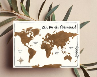 Weltkarte - Postkarte für Reisende - Weltreise - "Zeit für ein Abenteuer" - Gute Reise Karte - Kompass - Abschiedsgeschenk - Abschiedskarte