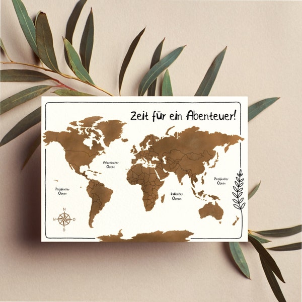 Weltkarte - Postkarte für Reisende - Weltreise - "Zeit für ein Abenteuer" - Gute Reise Karte - Kompass - Abschiedsgeschenk - Abschiedskarte