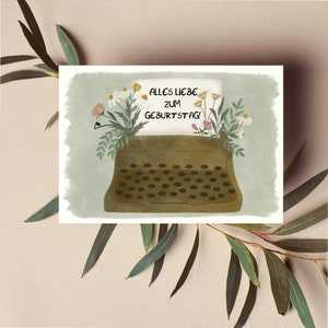 Geburtstagskarte - Glückwunschkarte - Postkarte Alles Liebe - Schreibmaschine Illustration mit Wildblumen - Happy Birthday - Grußkarte - A6