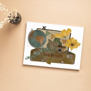 Gute Reise Karte - Abschiedskarte - Weltreise - Urlaubskarte - Koffer mit Blumen und Globus - Gepäck - Postkarte für Reisende - Auswanderer