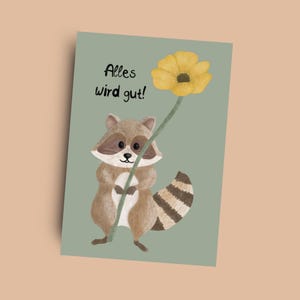 MutmachKarte Waschbär - Alles wird gut Karte - Genesungskarte - Gute Besserung - Naturillustration mit Blume - Blumenkarte - Hoffnungskarte