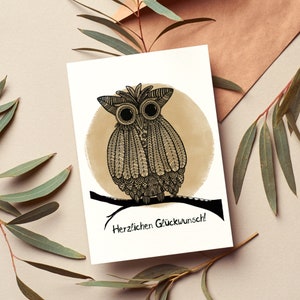 Geburtstagskarte "Herzlichen Glückwunsch" - Glückwunschkarte - Postkarte - Eule im Mandalastil - Bohostil - Vogel - Karte zum Verschenken