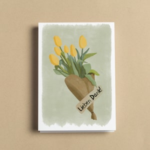 Dankeskarte mit Schriftzug "Lieben Dank" - Blumenstrauß - Gelbe Tulpen Illustration mit grünem Hintergrund - Postkarte AquarellOptik - A6
