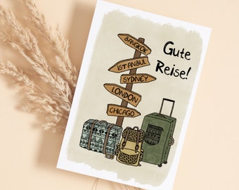 Gute Reise Postkarte mit Hauptstädten aus aller Welt - Abschiedskarte - Verabschiedung - für die Weltreise - Abenteuer - Wegweiser - Urlaub