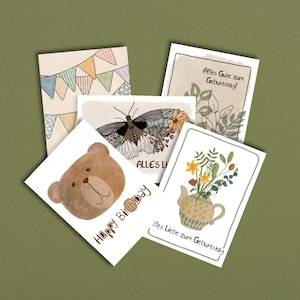 Geburtstagskarten Set - 5er Postkarten - Grußkarten zum Geburtstag - Alles Liebe - Bär - Blumenschmetterling - Naturillustrationen - Blumen