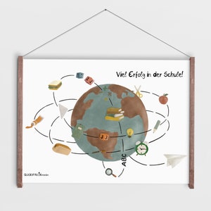 Wandbild Poster zum Schulbeginn - Schulkind - Viel Erfolg in der Schule! - Zur Einschulung - Illustration Welt mit Flieger - Bücher - Wecker