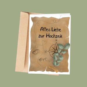 Klappkarte zur Hochzeit - Abenteuer - Hochzeitskarte für Reisende - Geschenk für Reisende - Ehepaar - Alles Liebe zur Hochzeit - Eukalyptus