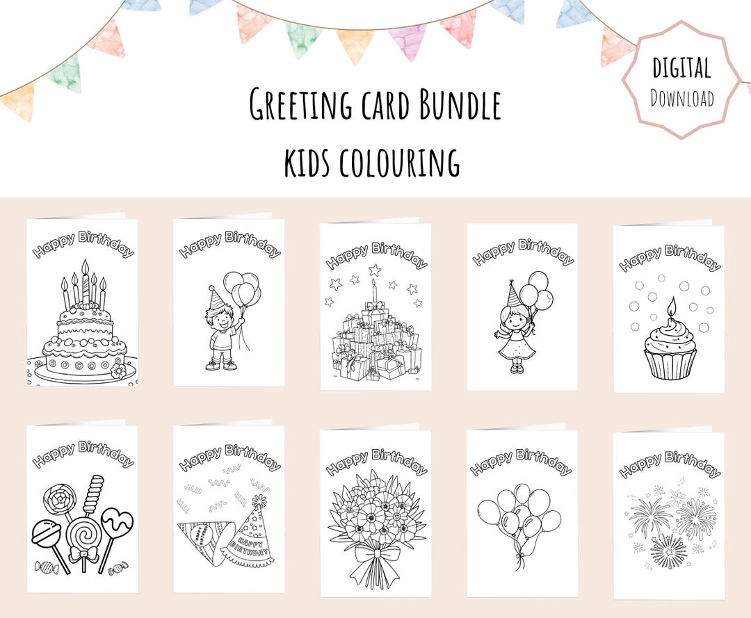 10 Kids Colouring Birthday Cards | Printable Birthday Card Pack for ...