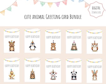 10 Cartões de Aniversário de Animais Fofos para Crianças | Pacote de Cartões para Download Digital | Cartões de Aniversário para Imprimir para Crianças | Download Instantâneo