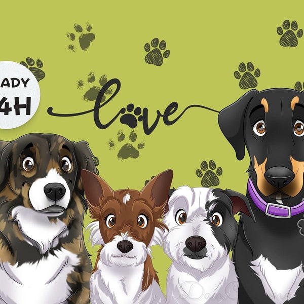Custom PET CARTOON PORTRAIT From Photo With Name Perfect Gift For Pet Owners – Digital Download Printed Pet Illustration