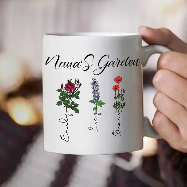 Mug personnalisé avec fleurs le mois de naissance, mug personnalisé jardin de maman, mug jardin de grand-mère, mug nom enfant maman, mug personnalisé cadeau fête des mères