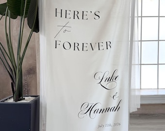Personalized Fabric Banner, Custom Linen Wedding Welcome Sign, Personlized Here's to Forever Sign