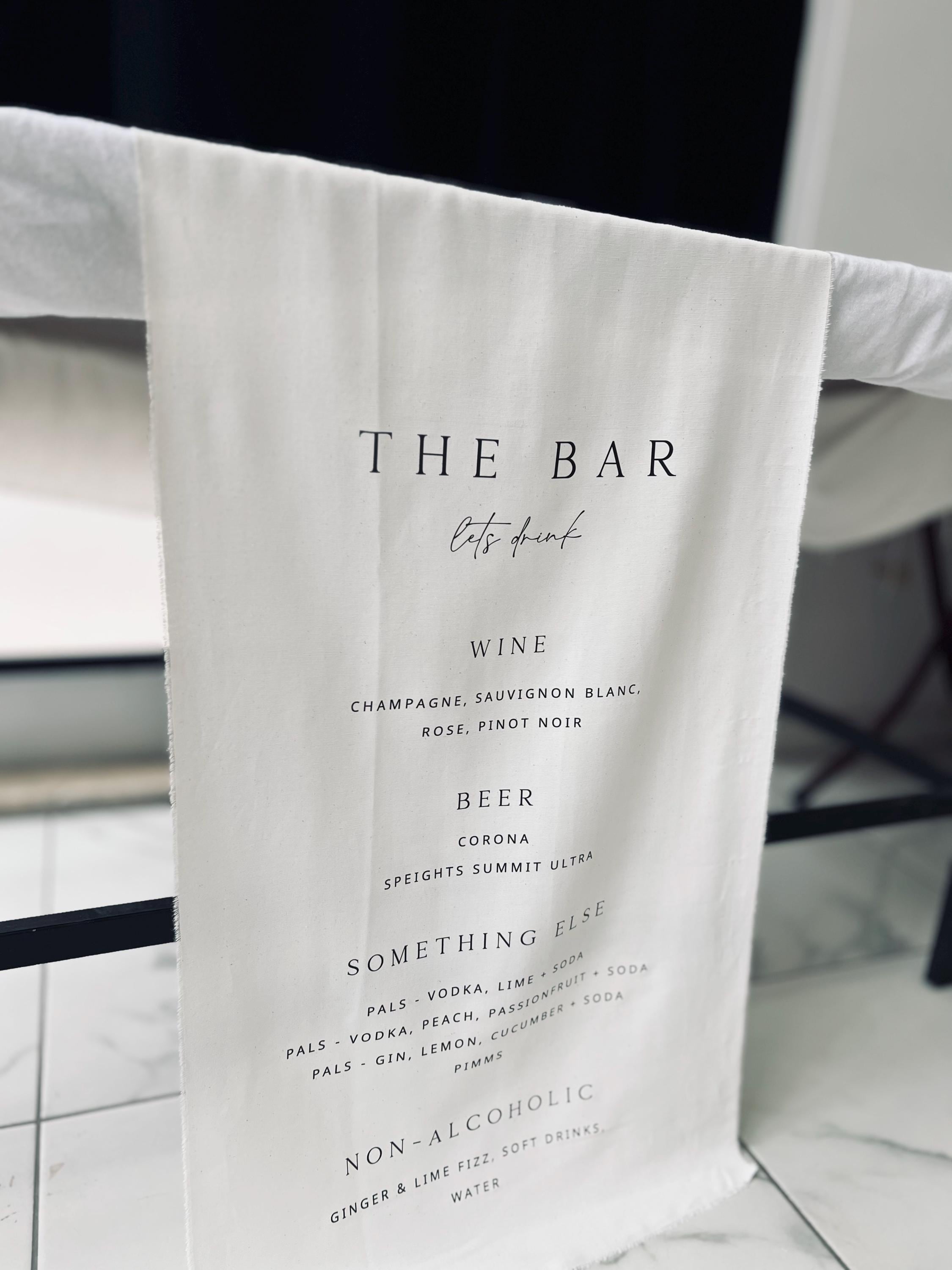 Fabric Bar Sign, Wedding Bar Menu, Custom Linen Bar Sign, Bar Sign, Signature Cocktails Sign, Minimalist Bar, His and Hers Wedding Bar Sign