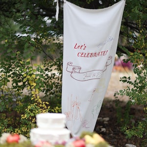 Banner classico ed elegante, logo per matrimonio, cartello di benvenuto in tessuto, decorazione per cerimonia, cartello "Festeggiamo", matrimonio moderno, matrimonio personalizzato