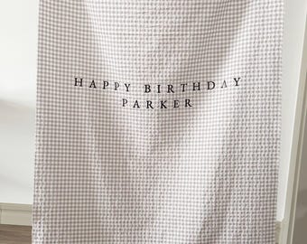 Personalised Plaid Fabric Birthday Sign, Birthday Banner, Custom Birthday Banner, Fabric Sign, Fabric Birtday Sign, Tan Gingham Fabric