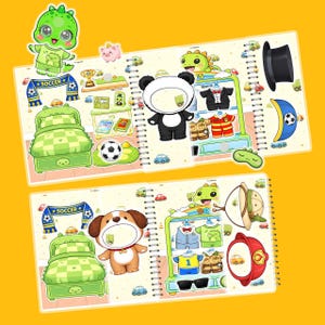 以下が含まれることがあります： パンダ、犬、恐竜のキャラクターの漫画イラストが特徴の、スパイラル綴じの子供向けアクティビティブック。ページには、衣類ラック、ベッド、サッカーをテーマにした要素が含まれており、すべて黄色い背景に設定されています。