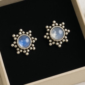 Rainbow Moonstone Stud Earrings/Moon Stone Earrings/Sterling Silver/Handmade Jewelry/Blue Fire Moonstone/Moonstone